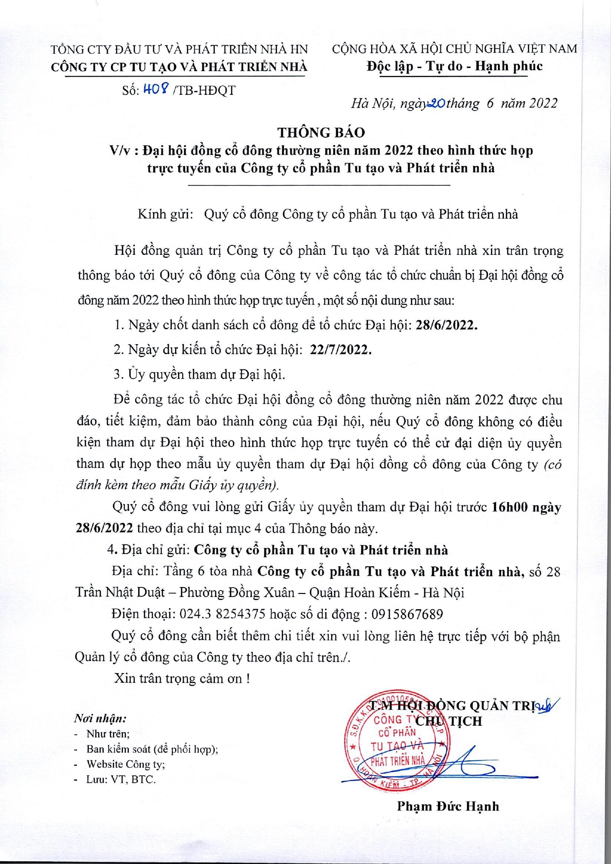 THÔNG BÁO v/v ĐẠI HỘI ĐỒNG CỔ ĐÔNG THƯỜNG NIÊN NĂM 2022 THEO HÌNH THỨC HỌP TRỰC TUYẾN