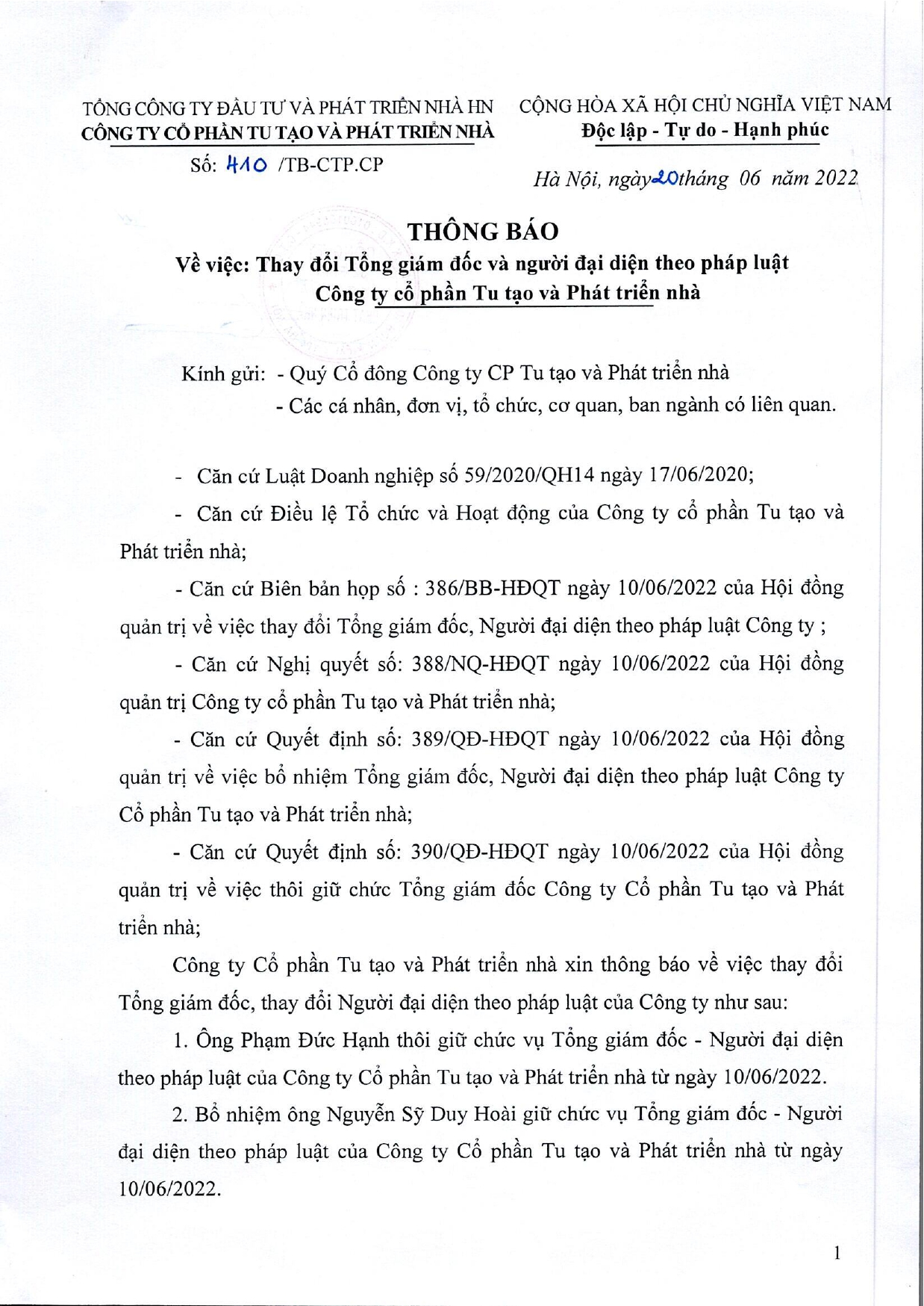 Thông báo về việc Thay đổi Tổng Giám đốc và người đại diện theo pháp luật Công ty cổ phần Tu tạo và Phát triển nhà